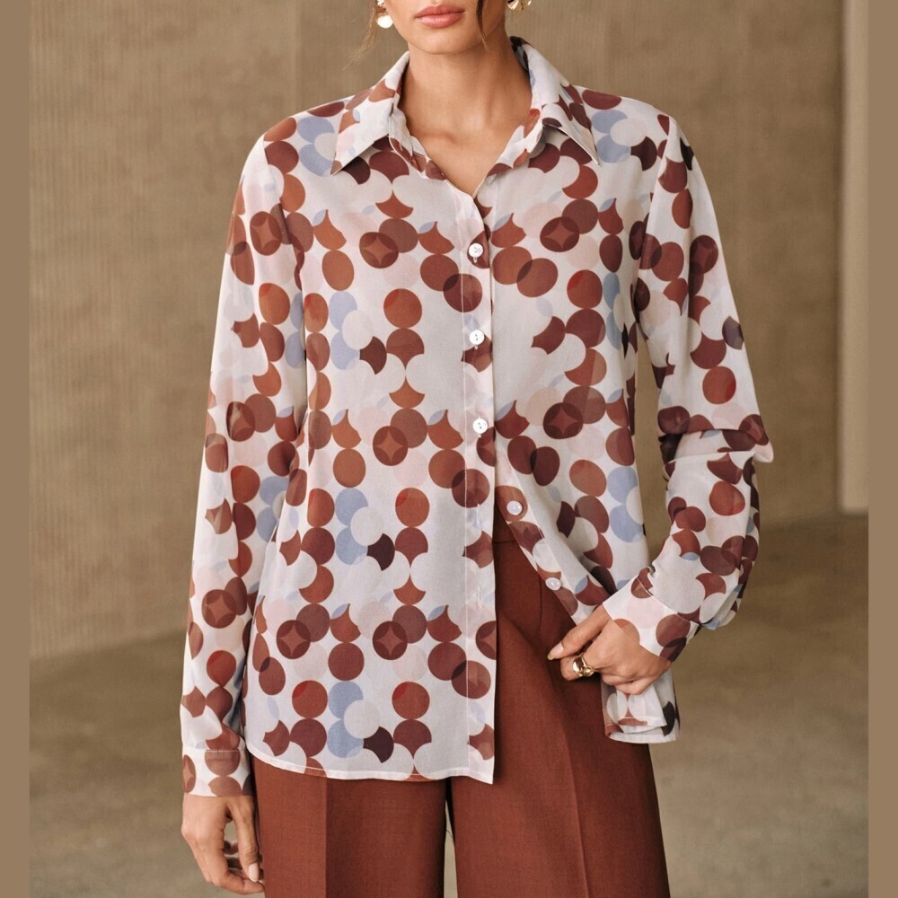 Brown Blue Geometric Circle Print Button Front Collared Long Sleeve Blouse